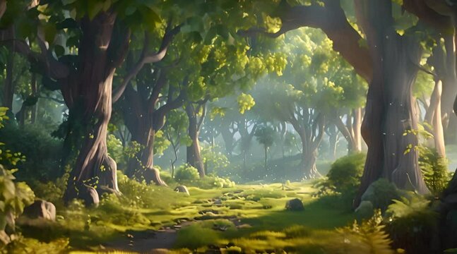 Magic fairytale forest with big trees and beautiful plants
