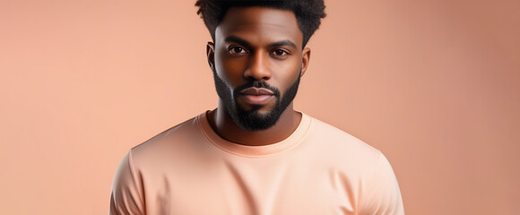Banner, close up portrait of a black man with peach fuzz color shirt on a pastel peach background...