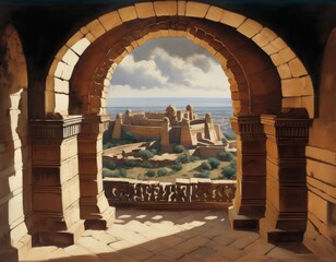 An arched stone gateway opens to a panoramic view of ancient ruins under a clear sky. The artwork suggests a historical journey through time and civilization.