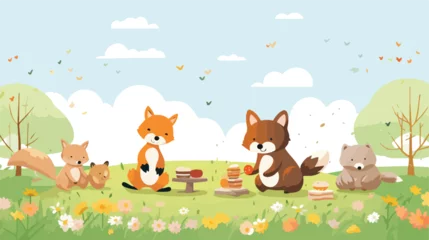 Fotobehang A charming scene of animals having a picnic in a su © Mishi