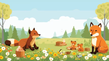 Tuinposter A charming scene of animals having a picnic in a su © Mishi