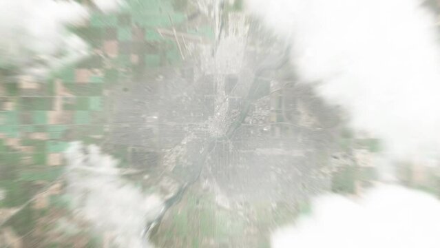 Earth zoom in from space to Saskatoon, Canada. Followed by zoom out through clouds and atmosphere into space. Satellite view. Travel intro. Images from NASA