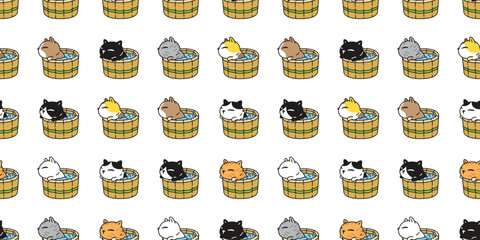 cat seamless pattern bathtub shower vector kitten calico munchkin neko pet cartoon doodle tile background gift wrapping paper repeat wallpaper illustration isolated design