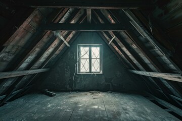Fototapeta na wymiar Spacious House wooden attic old space. Home board dirty roof with small light. Generate Ai
