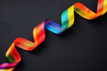 A rainbow ribbon is curled up on a black background. The ribbon is colorful and has a sense of joy and celebration. Pride Month Concept