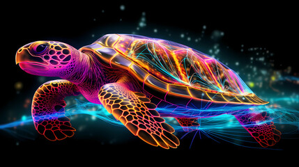 Tortoise Turtle Turtles Baby Ocean Water Sea Animal Plexus Neon Black Background Digital Desktop Wallpaper HD 4k Network Light Glowing Laser Motion Bright Abstract