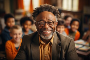 Smiling man with glasses surrounded by children - obrazy, fototapety, plakaty