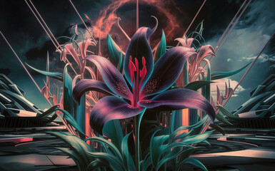 A stunning cinematic illustration of a vibrant, dark fantasy world, with a captivating 3D render of a stylized lily flower. The flower glows with an otherworldly aura, emitting a mysterious energy in 