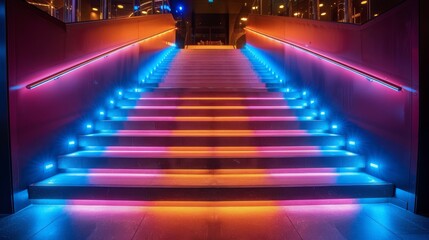 Illuminated Staircase With Blue and Pink Lights