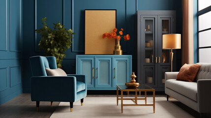 Contemporary Blue and Gold Living Room Decor with a Blend of Comfort and High-End Design