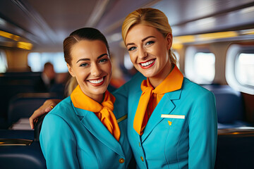 Smiling Stewards in Uniform Inside Aircraft, Flight Attendant, Airplane Flight Service