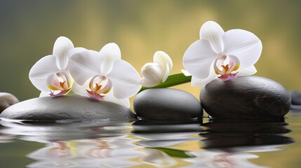 Naklejka na ściany i meble Orchids in Water, Round Stones for SPA Salon, Relaxation, Orchid Flowers and Pebbles