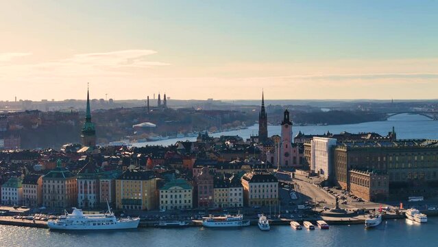 Stockholm old town - Gamla stan. Aerial 4K video of Sweden capital. Drone top panorama footage