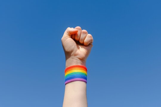 A hand with rainbow colored wristbands is raised in the air. Concept of pride and unity among the people wearing the wristbands. Pride Month Concept