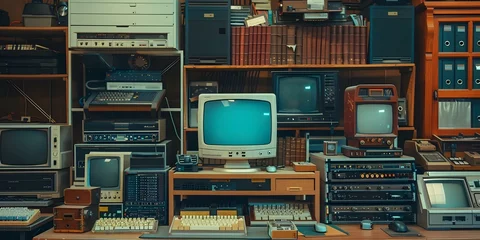 Fotobehang Vintage computer and storage equipment on display in a retro IT room. Concept Vintage, Computer Equipment, Storage, Retro, IT Room © Ян Заболотний