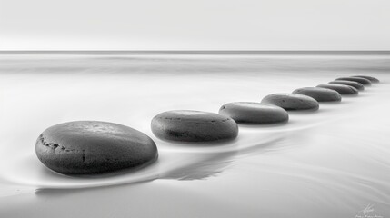 a row of rocks sitting on top of a beach next to a body of water on top of a sandy beach.