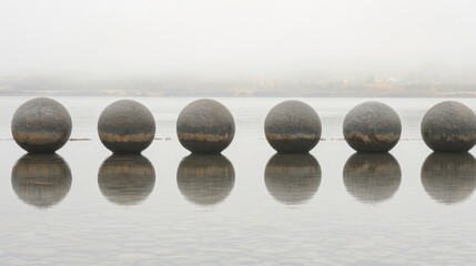 a group of rocks sitting in the middle of a body of water with a foggy sky in the background.
