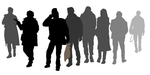 Vector silhouettes of walking people. Large group of men and women on a walk