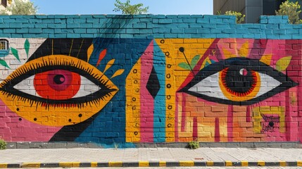 Colorful Painting of Eyes on Brick Wall