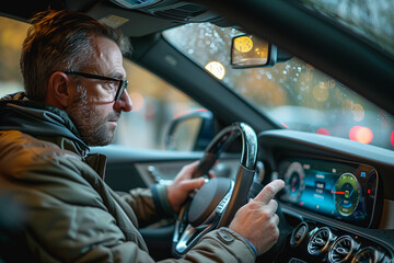 Man Driving Car in Snowy Weather