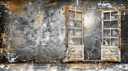 a painting of an open window in an old building with peeling paint on the walls and peeling paint on the walls.