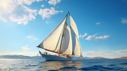 An elegant sailing yacht catching the wind, its sails unfurled against a backdrop of cerulean sea and sky.