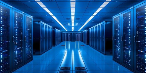 The title can be changed to: "Modern server room showcasing network equipment and data servers". Concept Modern Server Room, Network Equipment, Data Servers