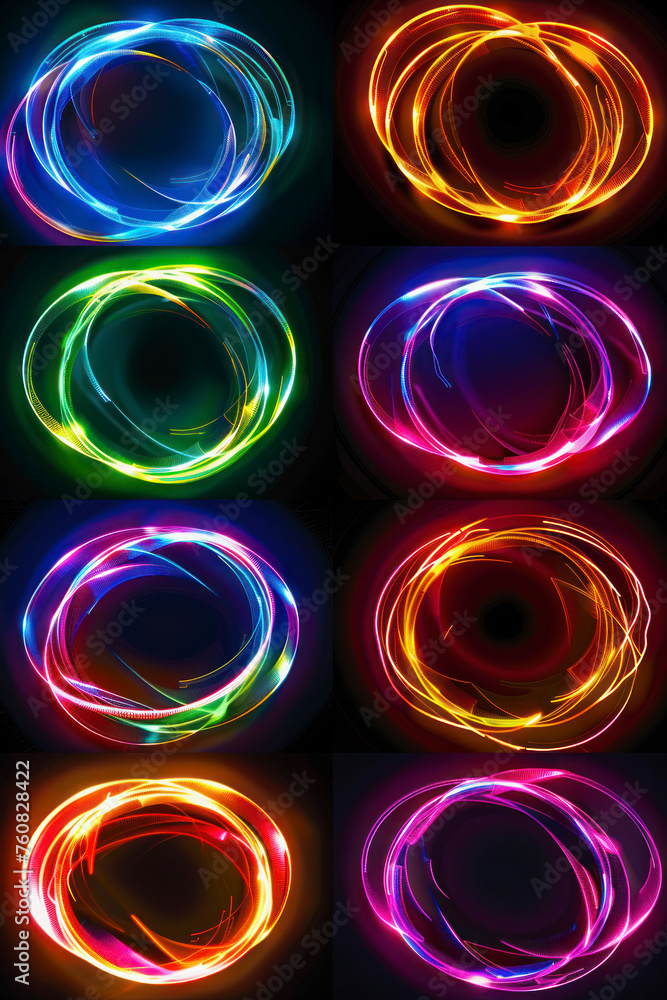 Poster vertical set of glowing neon color circles round curve shape with wavy dynamic lines isolated on bla