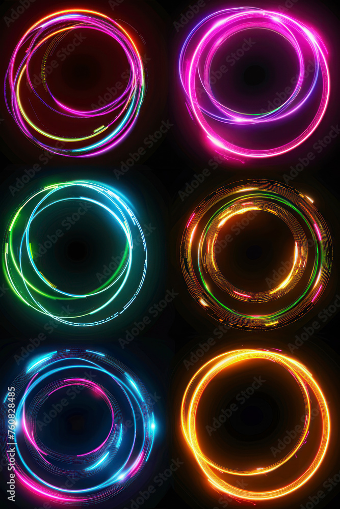 Poster vertical set of glowing neon color circles round curve shape with wavy dynamic lines isolated on bla