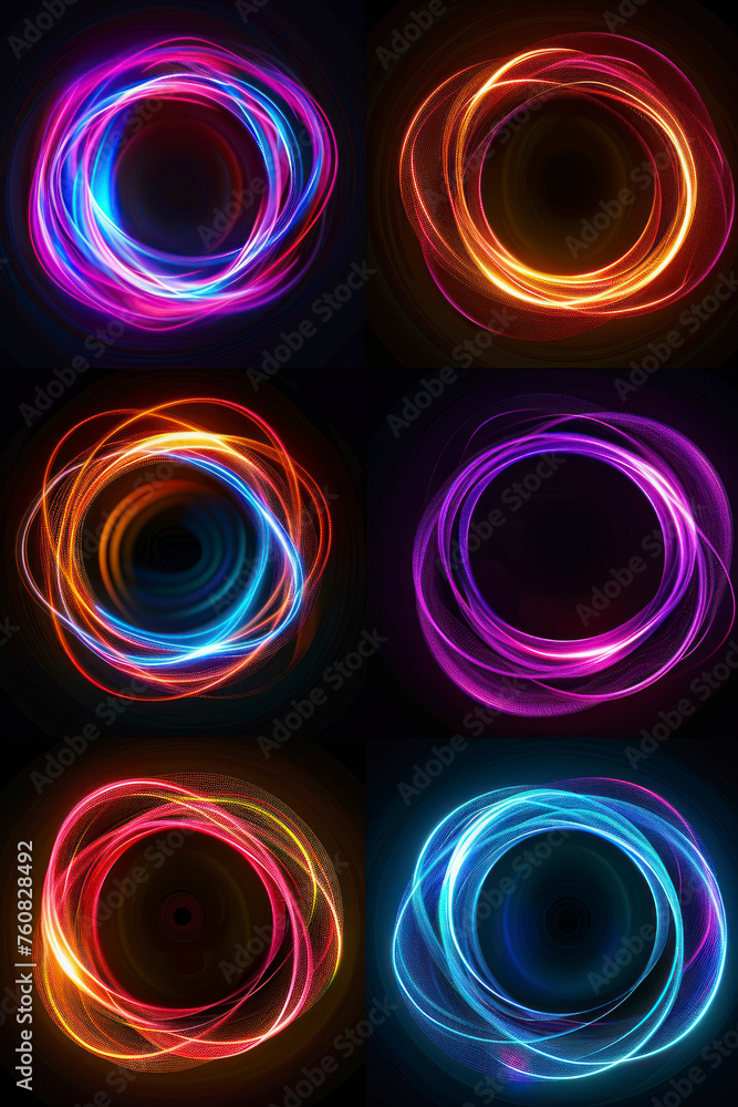 Poster vertical set of glowing neon color circles round curve shape with wavy dynamic lines isolated on bla