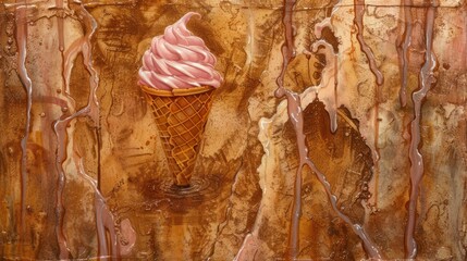 a painting of an ice cream cone sitting on top of a piece of wood with icing all over it.