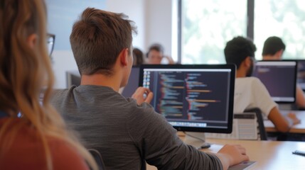 A mentor provides hands-on programming guidance to attentive young students, fostering early education in technology. AIG41