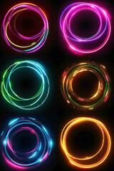 Vertical Set of glowing neon color circles round curve shape with wavy dynamic lines isolated on black background technology concept.