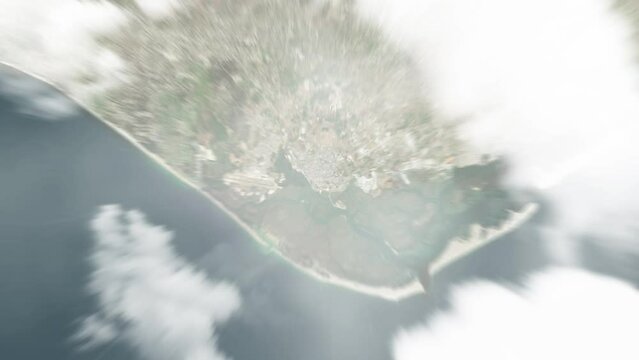 Earth zoom in from space to Faro, Portugal. Followed by zoom out through clouds and atmosphere into space. Satellite view. Travel intro. Images from NASA