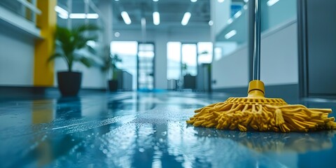 A close-up view of a team of cleaners mopping floors in an office setting. Concept Cleaning, Teamwork, Office, Close-up View, Mopping