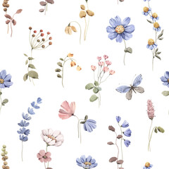 Floral seamless pattern with blue abstract wildflowers and butterfly, watercolor isolated illustration, floral print for textile or wallpapers, delicate background.