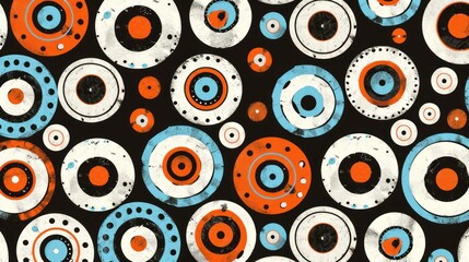 a black background with orange, blue, and white circles of different sizes and shapes on a black background with red, white, and blue circles of different sizes.