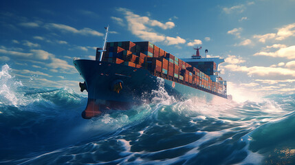 A cargo ship heavily laden, navigating through azure sea waters. - obrazy, fototapety, plakaty