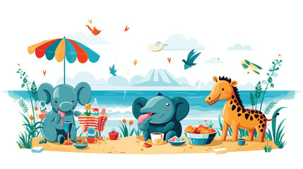 Fototapeta na wymiar A cheerful scene of animals having a beach party by
