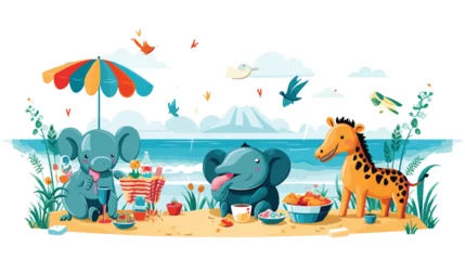 Schilderijen op glas A cheerful scene of animals having a beach party by © Mishi