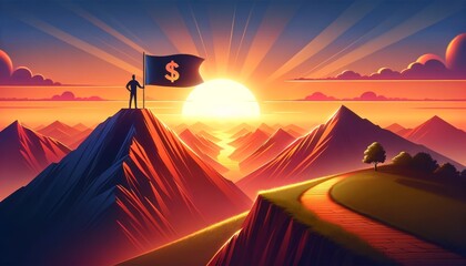 Fototapeta na wymiar Path to Success and Financial Freedom, Person Standing on Mountain Peak with Dollar Flag, Achievement, Aspiration, Wealth Goals