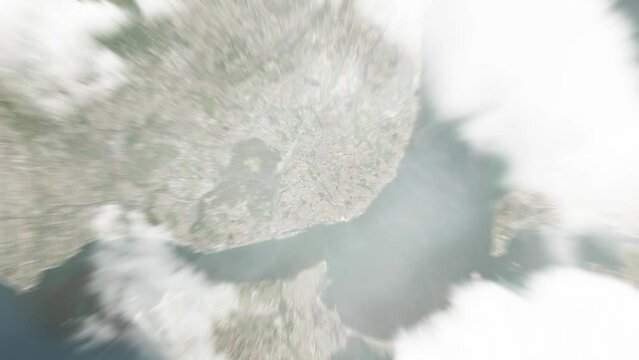 Earth zoom in from space to Lisbon, Portugal. Followed by zoom out through clouds and atmosphere into space. Satellite view. Travel intro. Images from NASA