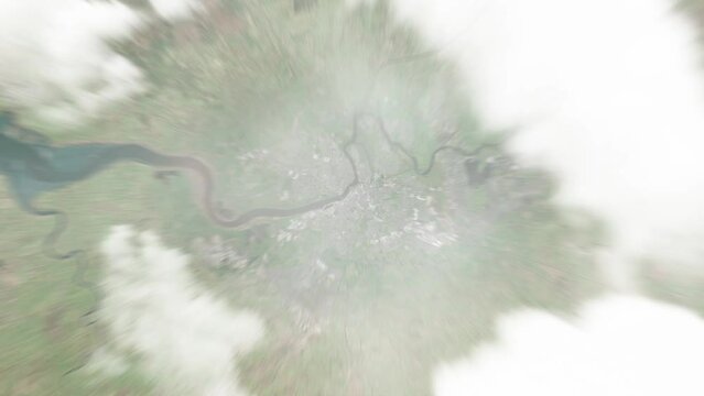 Earth zoom in from space to Limerick, Ireland. Followed by zoom out through clouds and atmosphere into space. Satellite view. Travel intro. Images from NASA