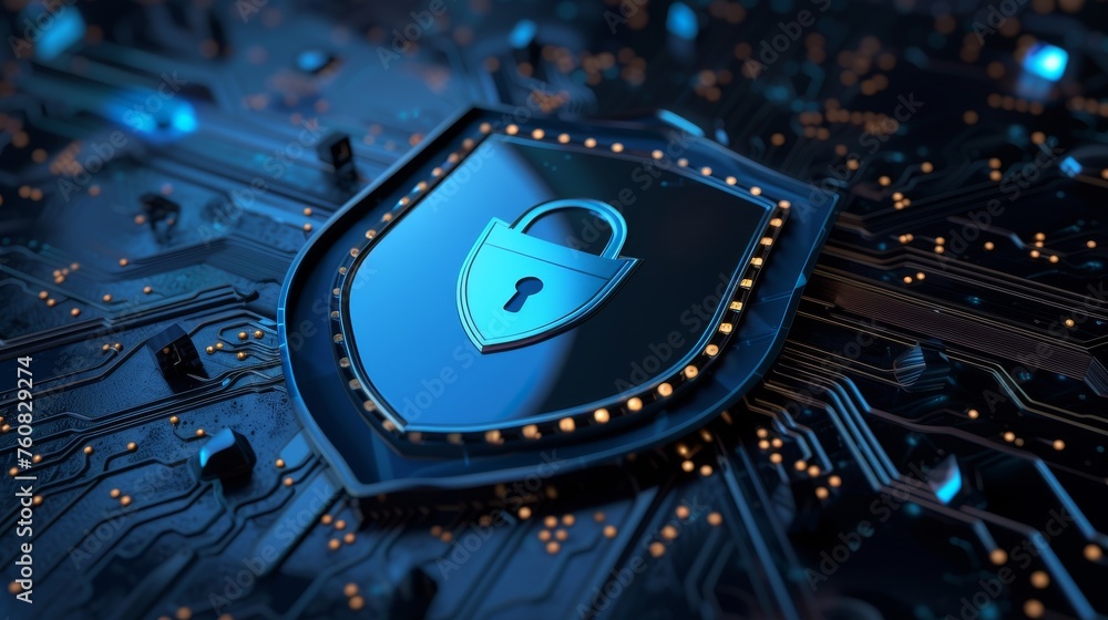 Aufkleber cyber security concept. shield with padlock on circuit board background