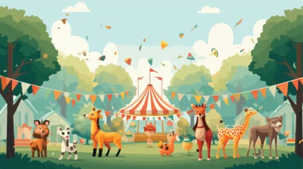 Gordijnen A cheerful scene of animals having a carnival in th © Mishi