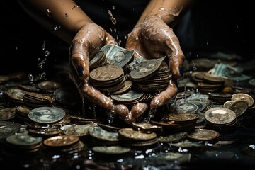 Hands clutching money coins in splash - obrazy, fototapety, plakaty