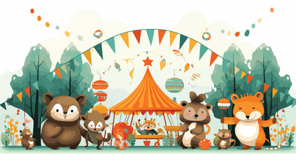 A cheerful scene of animals having a carnival in th - obrazy, fototapety, plakaty