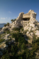 Capo Caccia promontory seen from the cliffs of Punta Giglio. Alghero. Sardinia. Italy