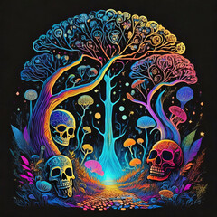 Mystical landscape with a skull. Neon magical forest with a skull. magical glow.