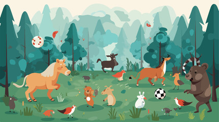 A cheerful scene of animals having a game of soccer